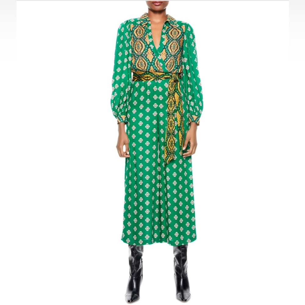 Alice + Olivia Green Printed Wrap Jumpsuit with Yellow Accents